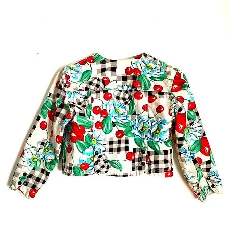 1980s KENZO CHEQUERED CHERRY PRINT CROPPED DENIM JACKET