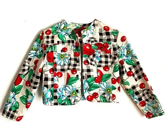 1980s KENZO CHEQUERED CHERRY PRINT CROPPED DENIM JACKET