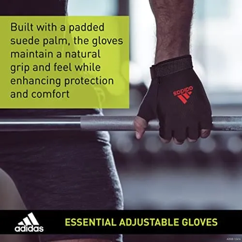 adidas Essential Adjustable Fingerless Gloves for Men and Women - Padded Weight Lifting Gloves - Adjustable Wrist Straps for Tailored, Secure Fit - Red, Large