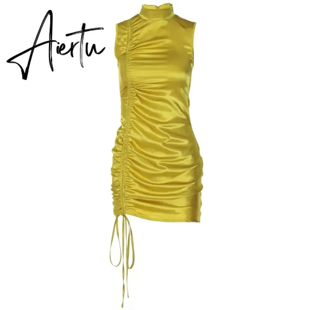 Aiertu Lace Up Drawstring Ruched Sleeveless Satin Mini Dress Summer Solid Bodycon Sexy Streetwear Party Club Elegant