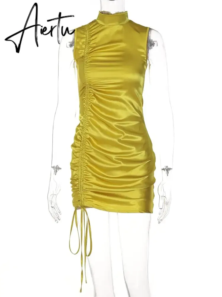 Aiertu Lace Up Drawstring Ruched Sleeveless Satin Mini Dress Summer Solid Bodycon Sexy Streetwear Party Club Elegant