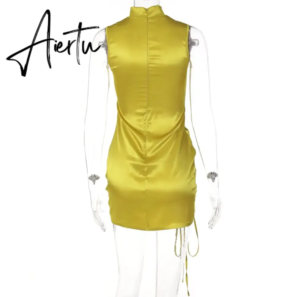 Aiertu Lace Up Drawstring Ruched Sleeveless Satin Mini Dress Summer Solid Bodycon Sexy Streetwear Party Club Elegant