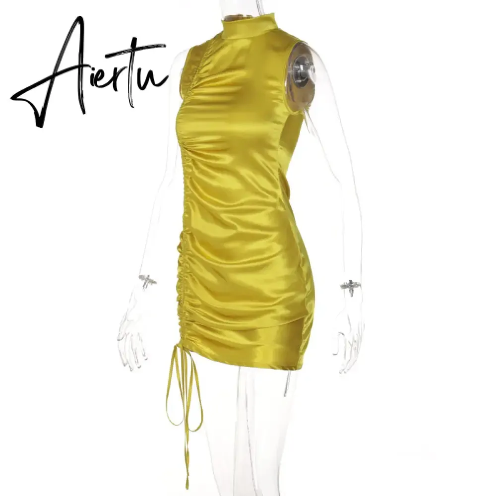 Aiertu Lace Up Drawstring Ruched Sleeveless Satin Mini Dress Summer Solid Bodycon Sexy Streetwear Party Club Elegant