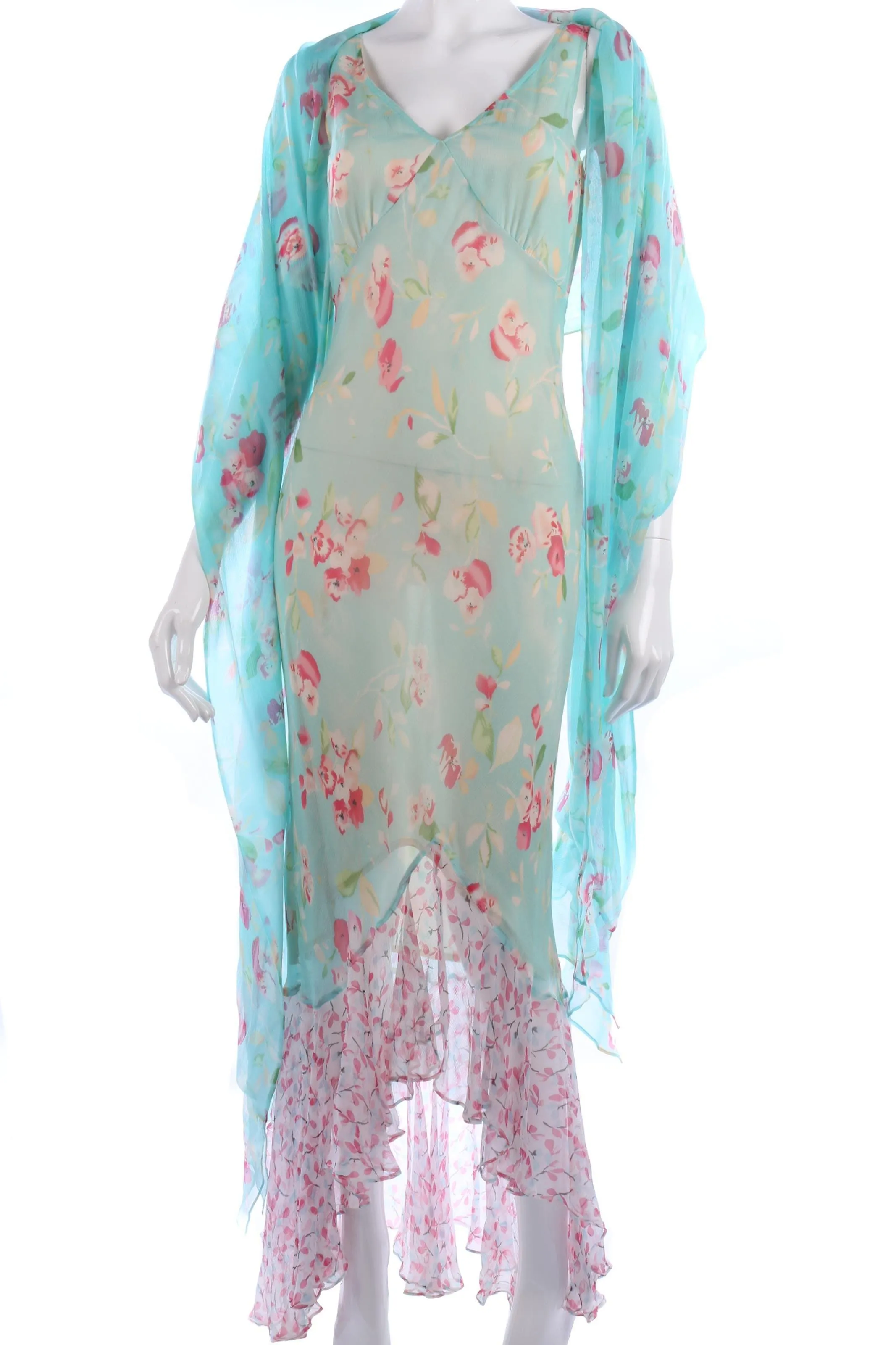 Amazing long silk chiffon dress with matching blue stole