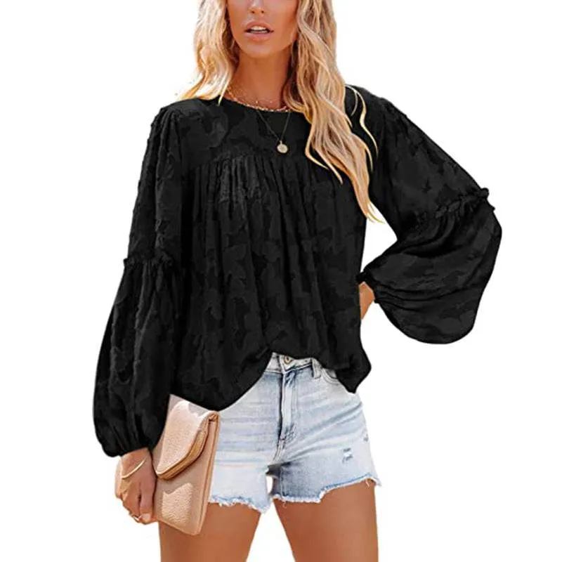 Andrea Flared Sleeve Round Neck Jacquard Chiffon Top