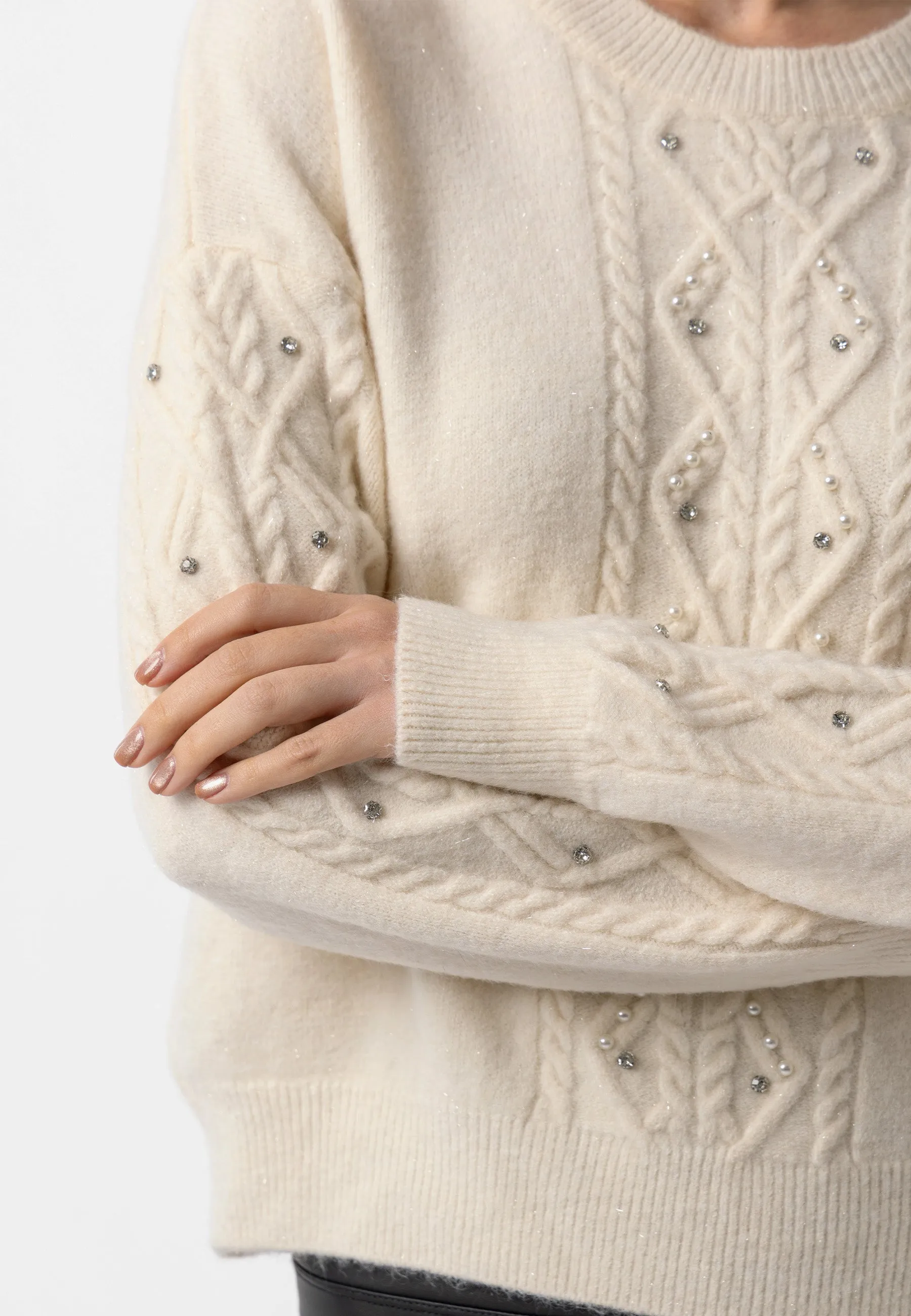 Angeleye Cable Knit Gem Detail White Jumper