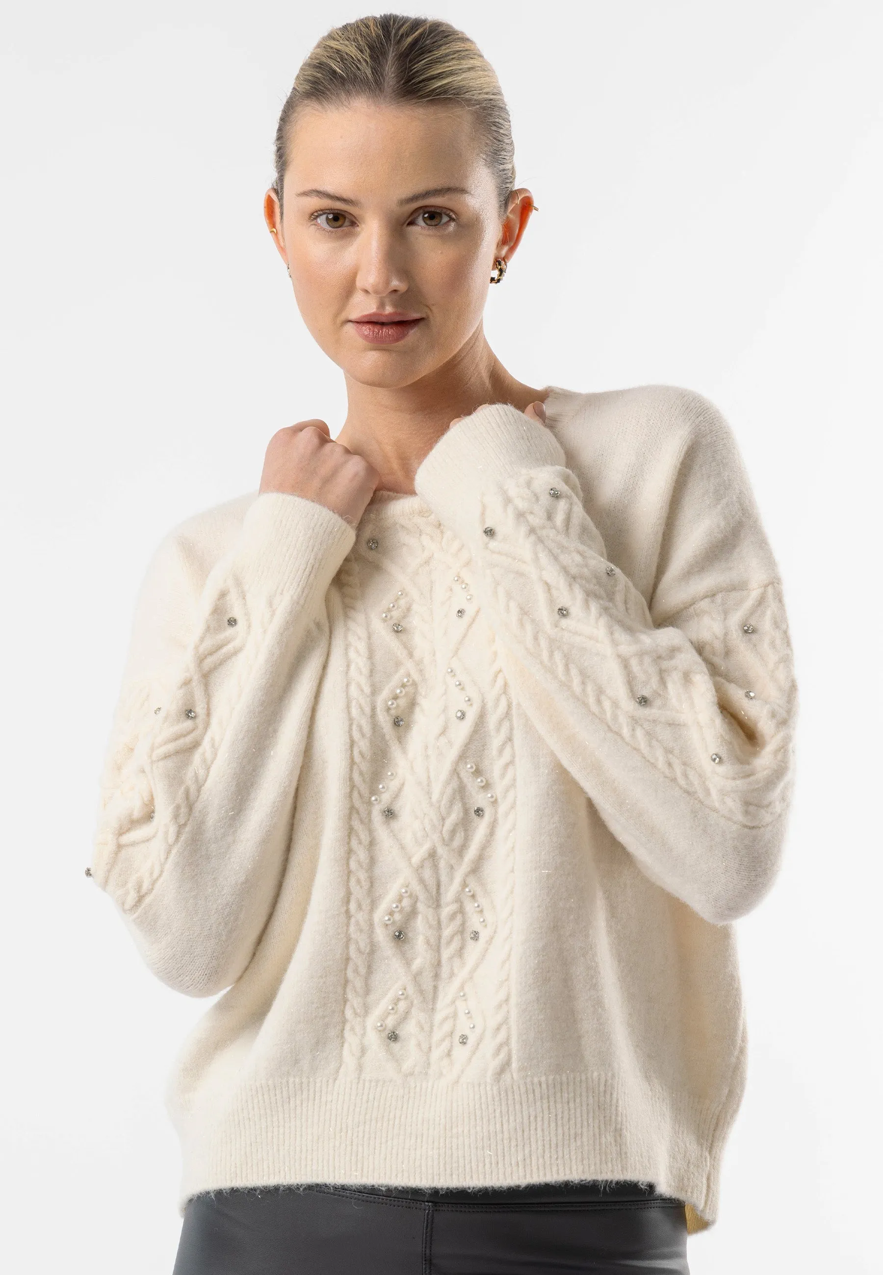 Angeleye Cable Knit Gem Detail White Jumper