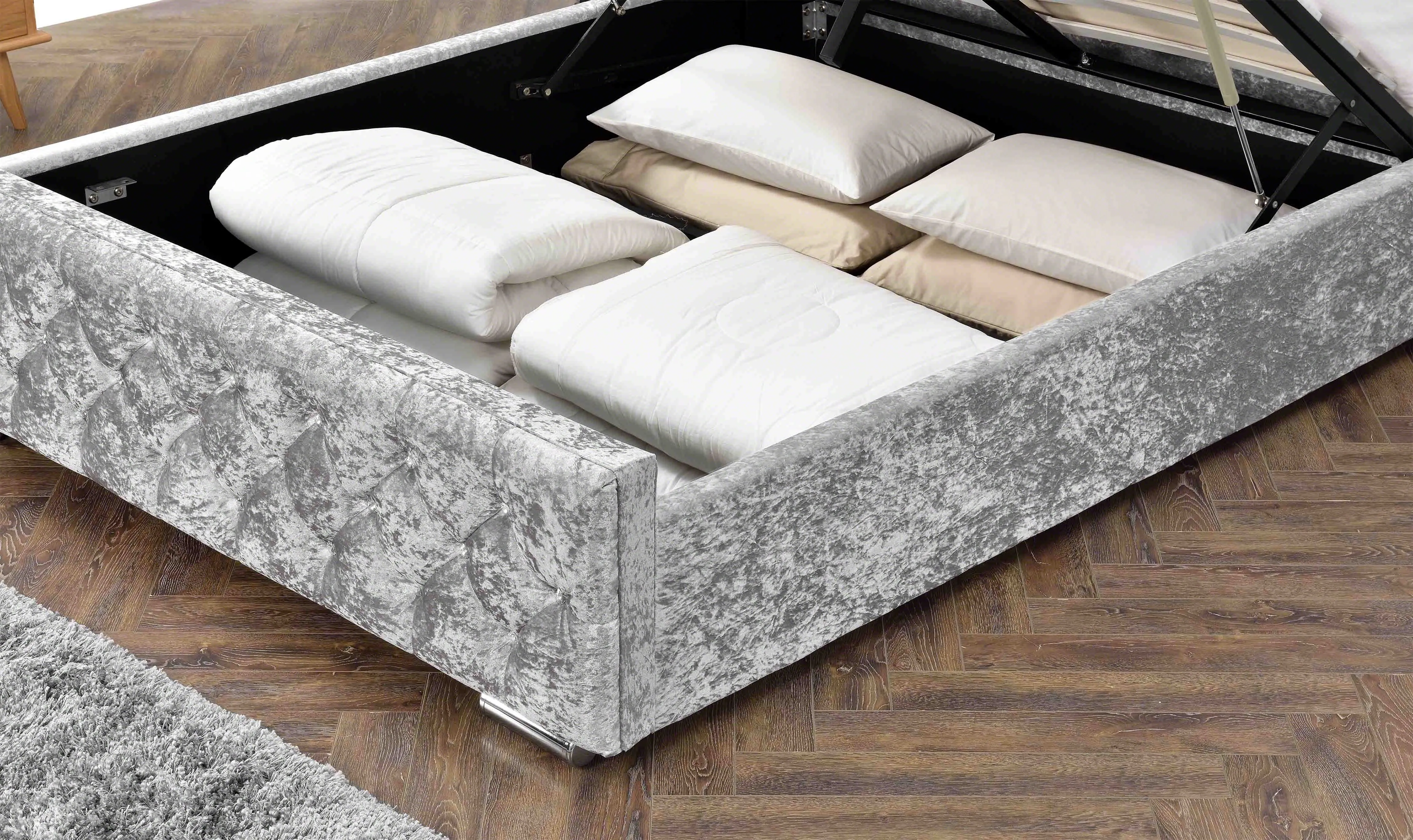 Arya Fabric Ottoman Super King Bed with Storage, Silver Chenille