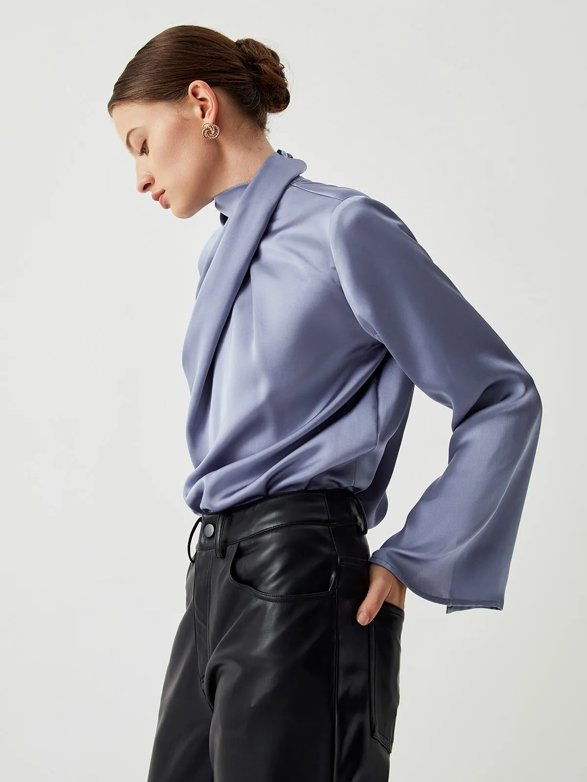 Asymmetric Pleated Turtleneck Satin Shirt