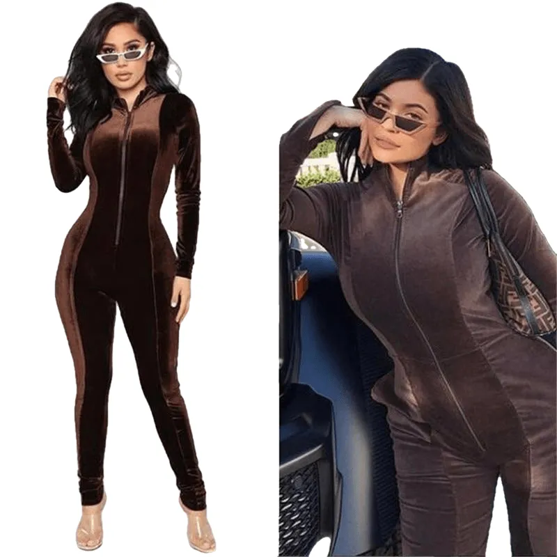 Autumn Winter Long Rompers Slim Full Overalls Women Sexy Turtleneck Pleuche Bodysuits Bodycon Velvet Jumpsuits