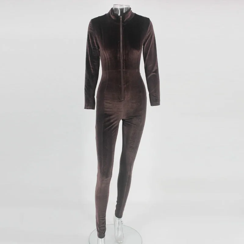 Autumn Winter Long Rompers Slim Full Overalls Women Sexy Turtleneck Pleuche Bodysuits Bodycon Velvet Jumpsuits