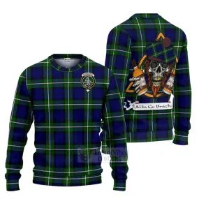 Bannerman Tartan Ugly Sweater with Family Crest and Bearded Skull Holding Bottles of Whiskey