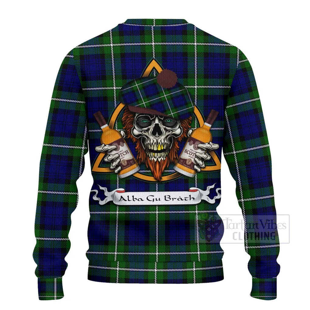 Bannerman Tartan Ugly Sweater with Family Crest and Bearded Skull Holding Bottles of Whiskey