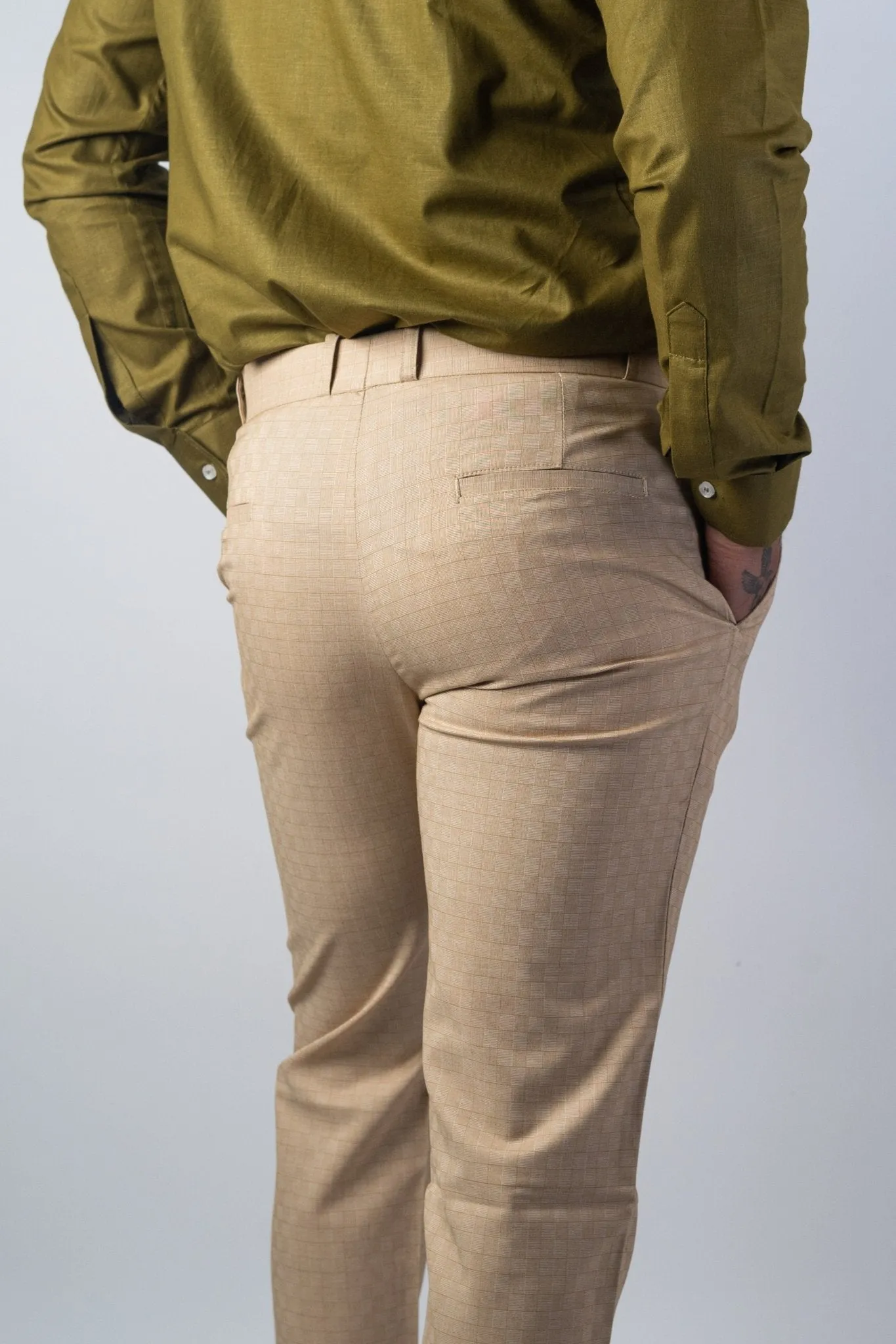 Beige Color Checks Texture Formal Cotton Pant for Men