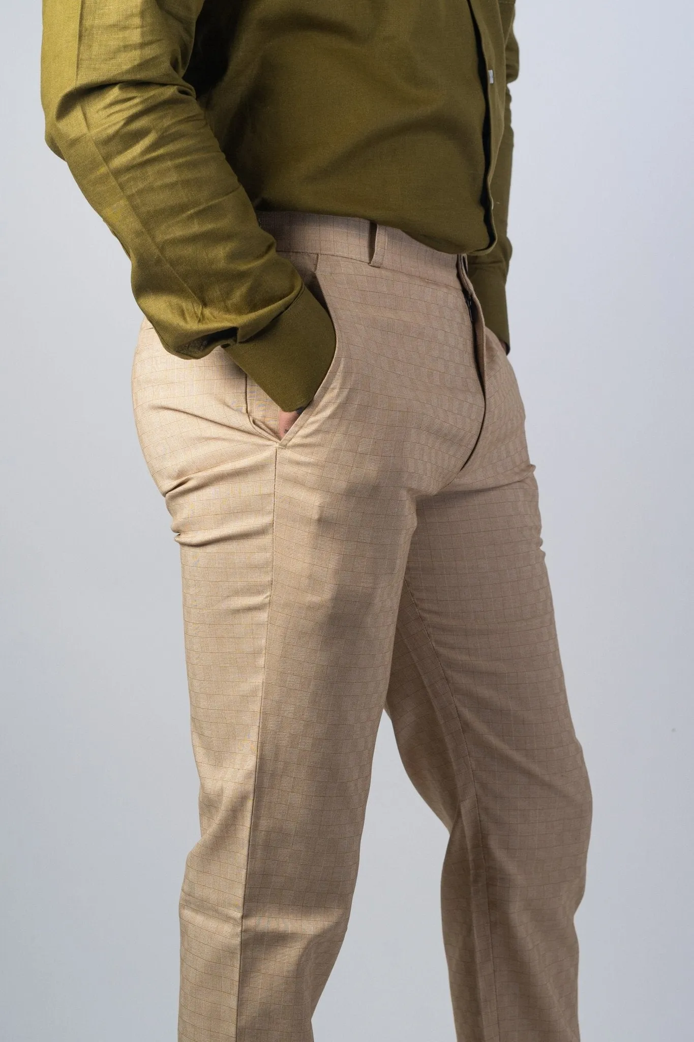 Beige Color Checks Texture Formal Cotton Pant for Men