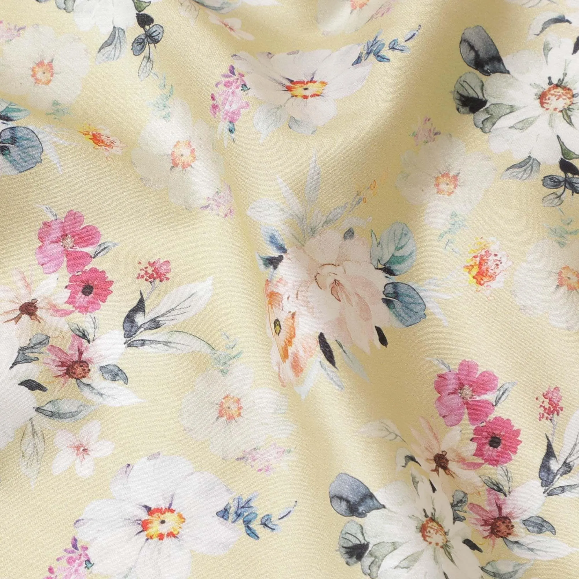 Beige cotton satin fabric with peach, maya blue, off white and cerise pink print in floral design-D7377