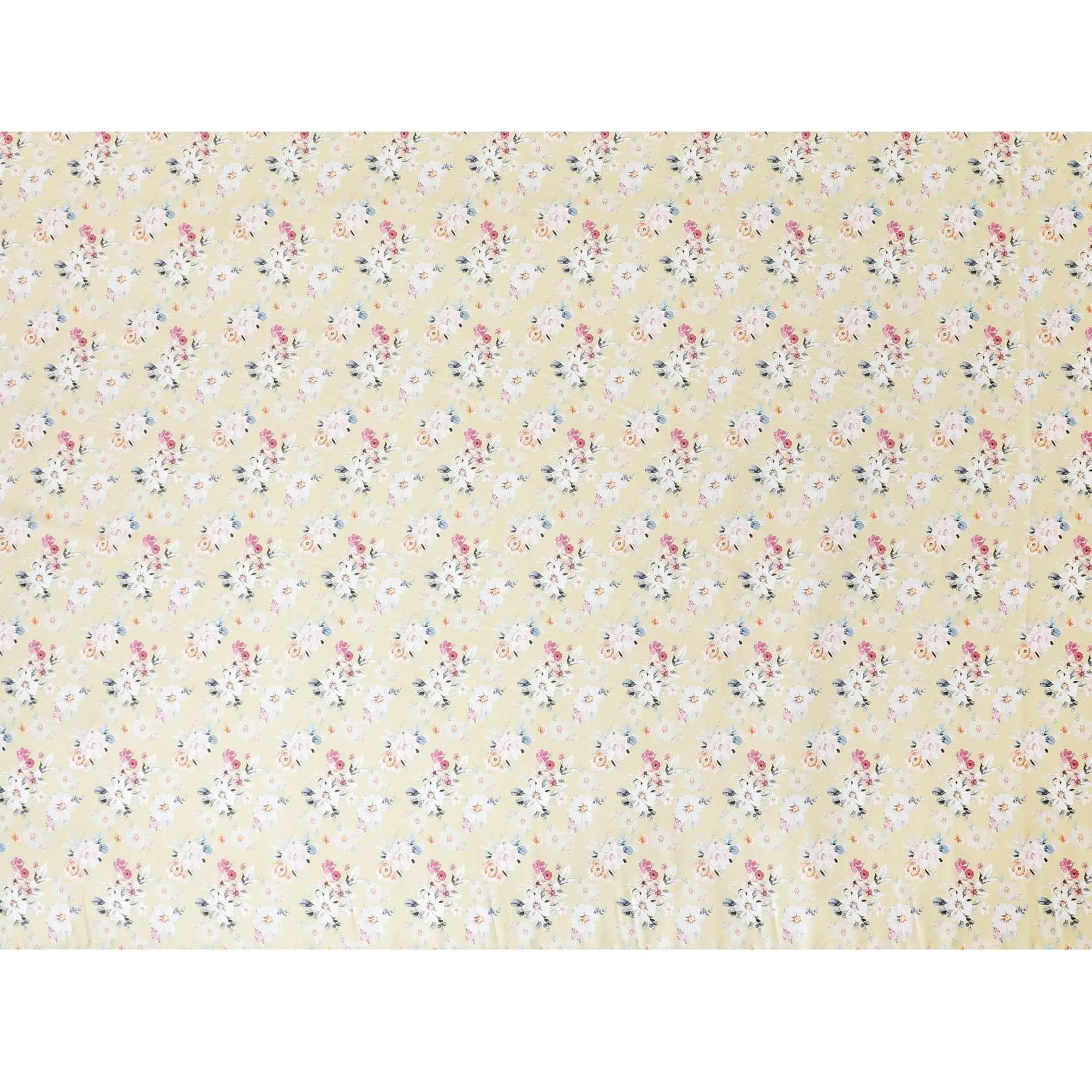 Beige cotton satin fabric with peach, maya blue, off white and cerise pink print in floral design-D7377