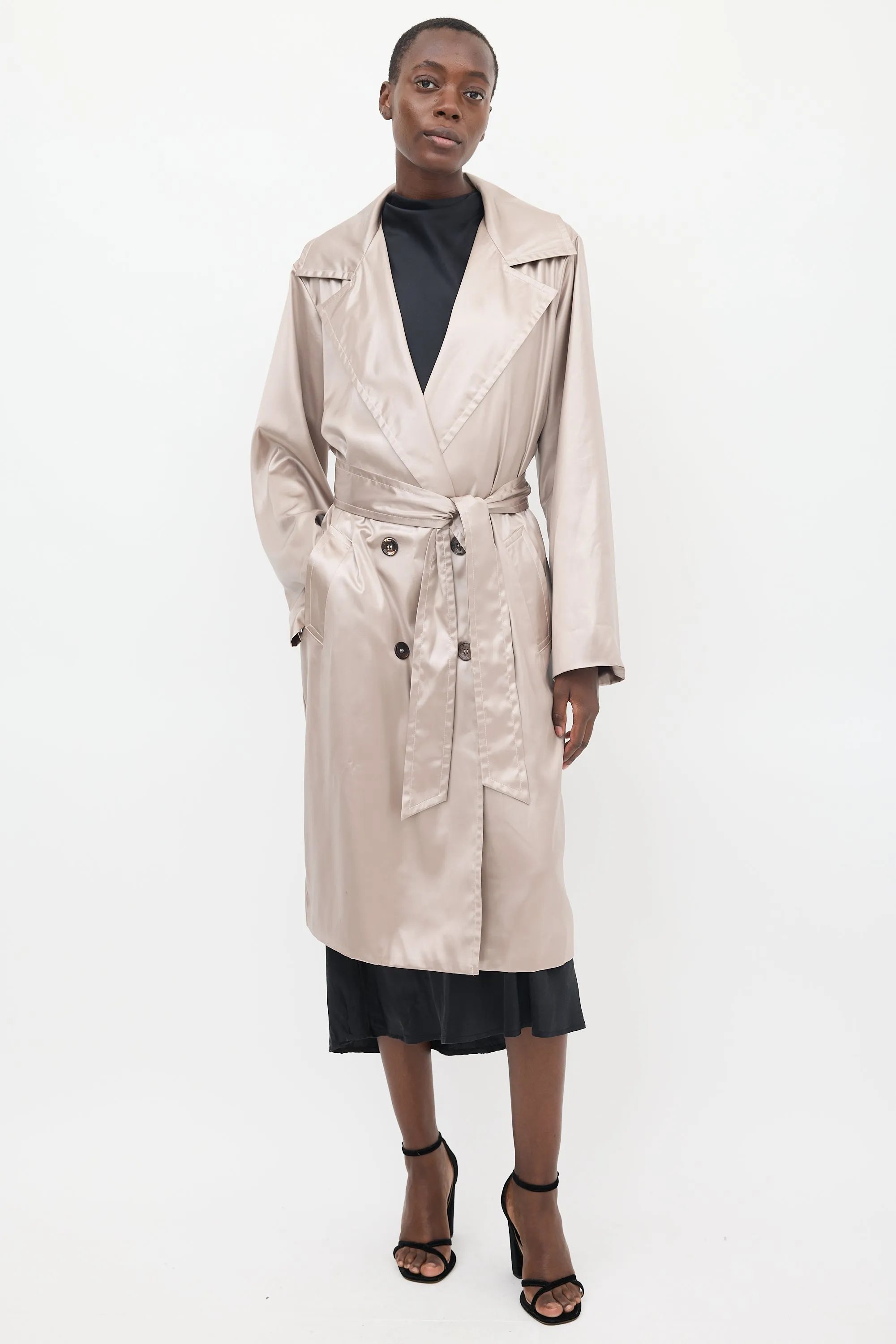 Beige Satin Mona Belted Trench Coat