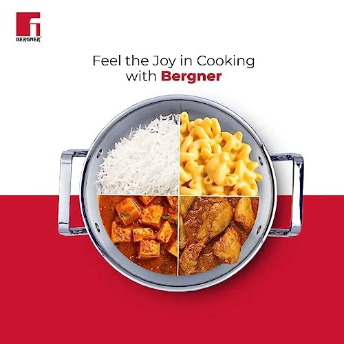 Bergner Tripro Triply 20 cm Casserole, 2.4 L Capacity, Stainless Steel Lid, For Biryani/Pulao/Halwa/Curries, Wide Handles, Induction & Gas Ready, Laser-Etched Scale, Multi-Layered & Polished, 5-Year Warranty