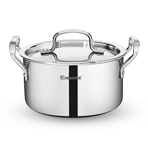 Bergner Tripro Triply 20 cm Casserole, 2.4 L Capacity, Stainless Steel Lid, For Biryani/Pulao/Halwa/Curries, Wide Handles, Induction & Gas Ready, Laser-Etched Scale, Multi-Layered & Polished, 5-Year Warranty