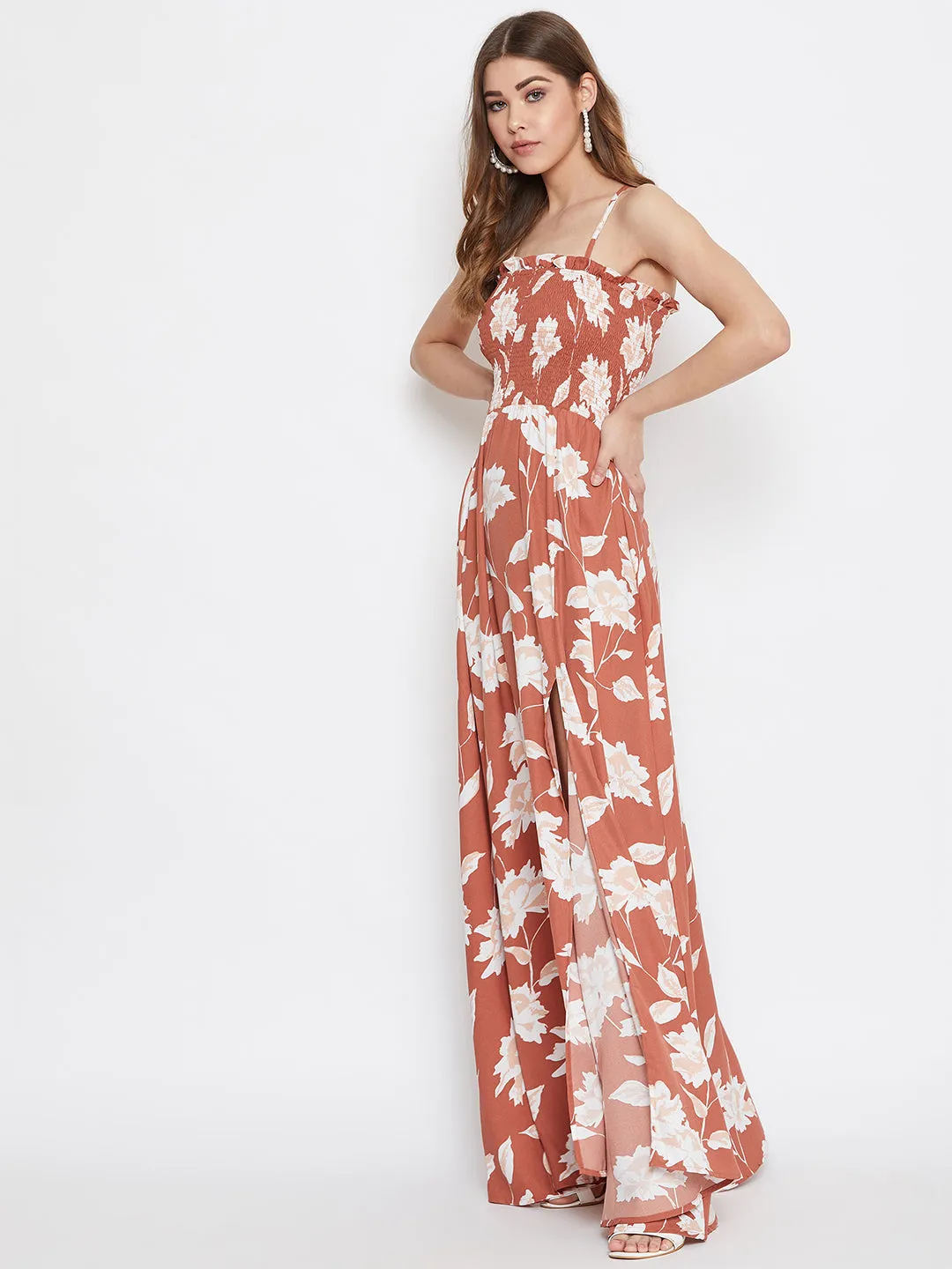 Berrylush Women Brown Floral Print Shoulder Strap Smocked Maxi Dress