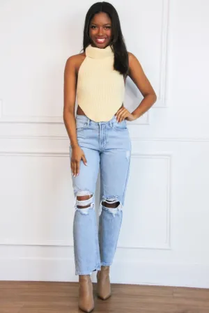 Beverly High Neck Open Back Sweater Crop Top: Cream