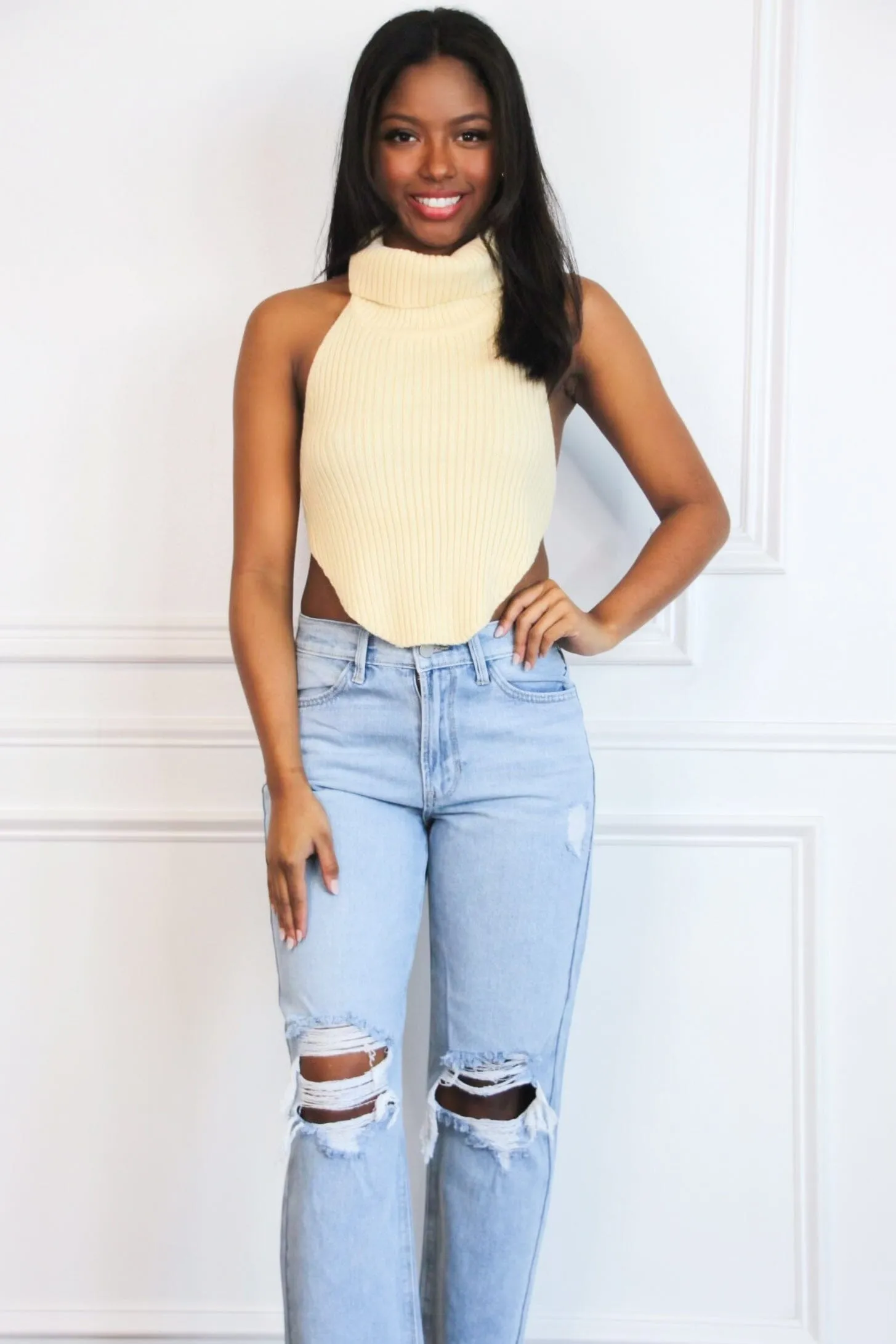 Beverly High Neck Open Back Sweater Crop Top: Cream