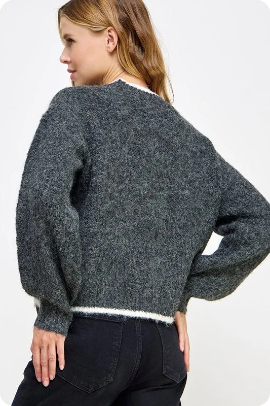 Black Charcoal/Off Camellia Cardigan Sweater