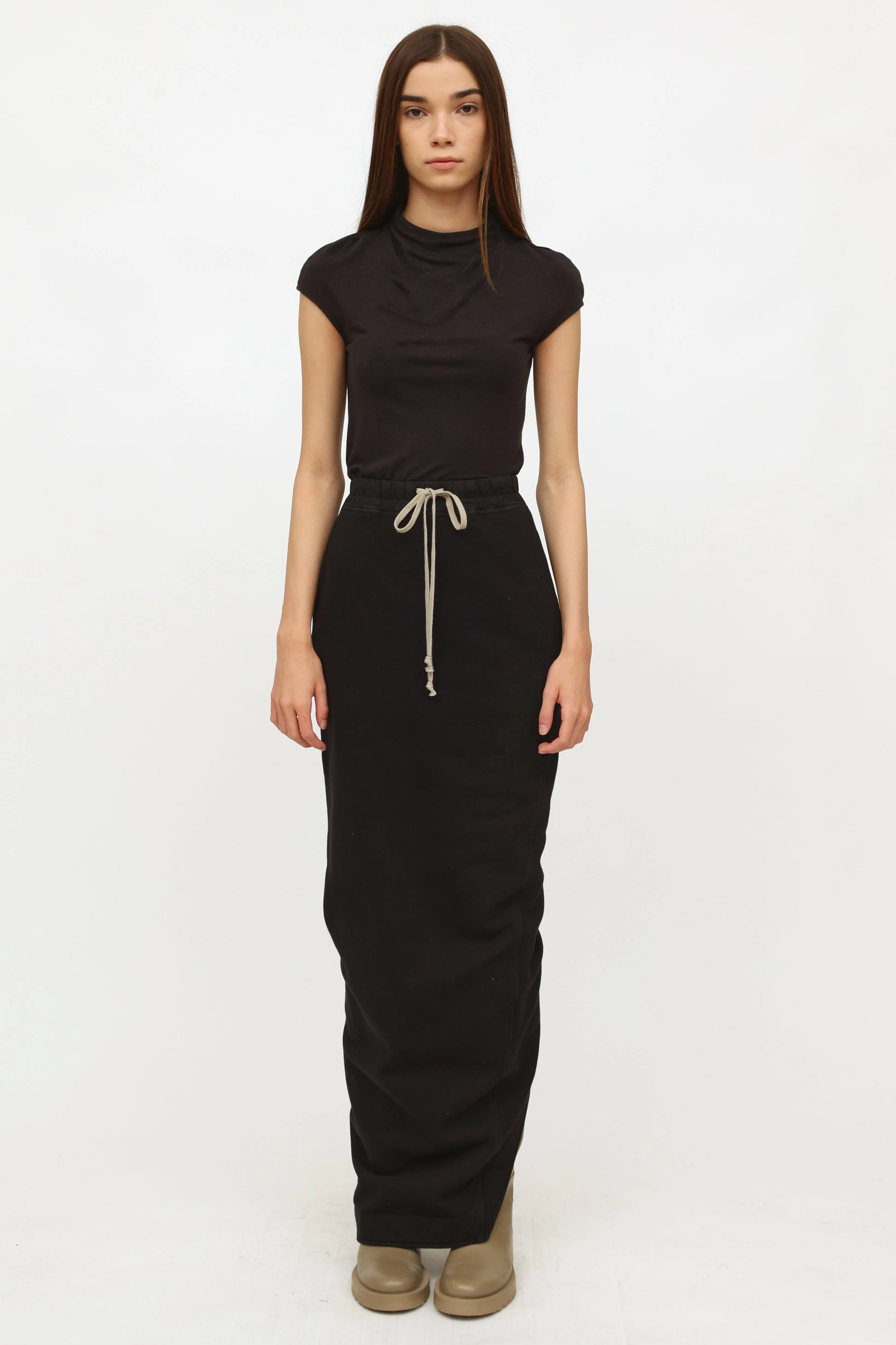 Black Cotton Drawstring Maxi Skirt