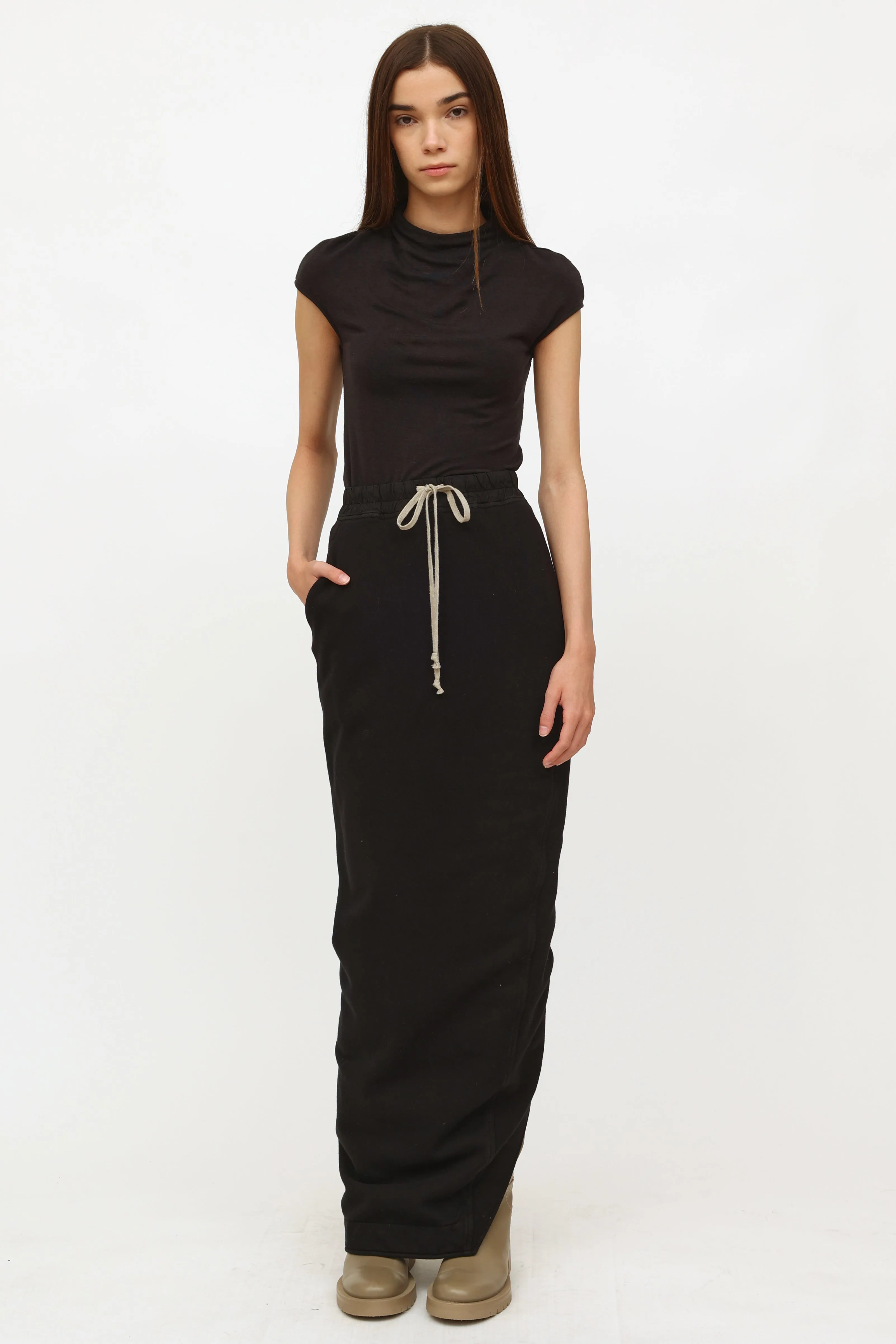 Black Cotton Drawstring Maxi Skirt