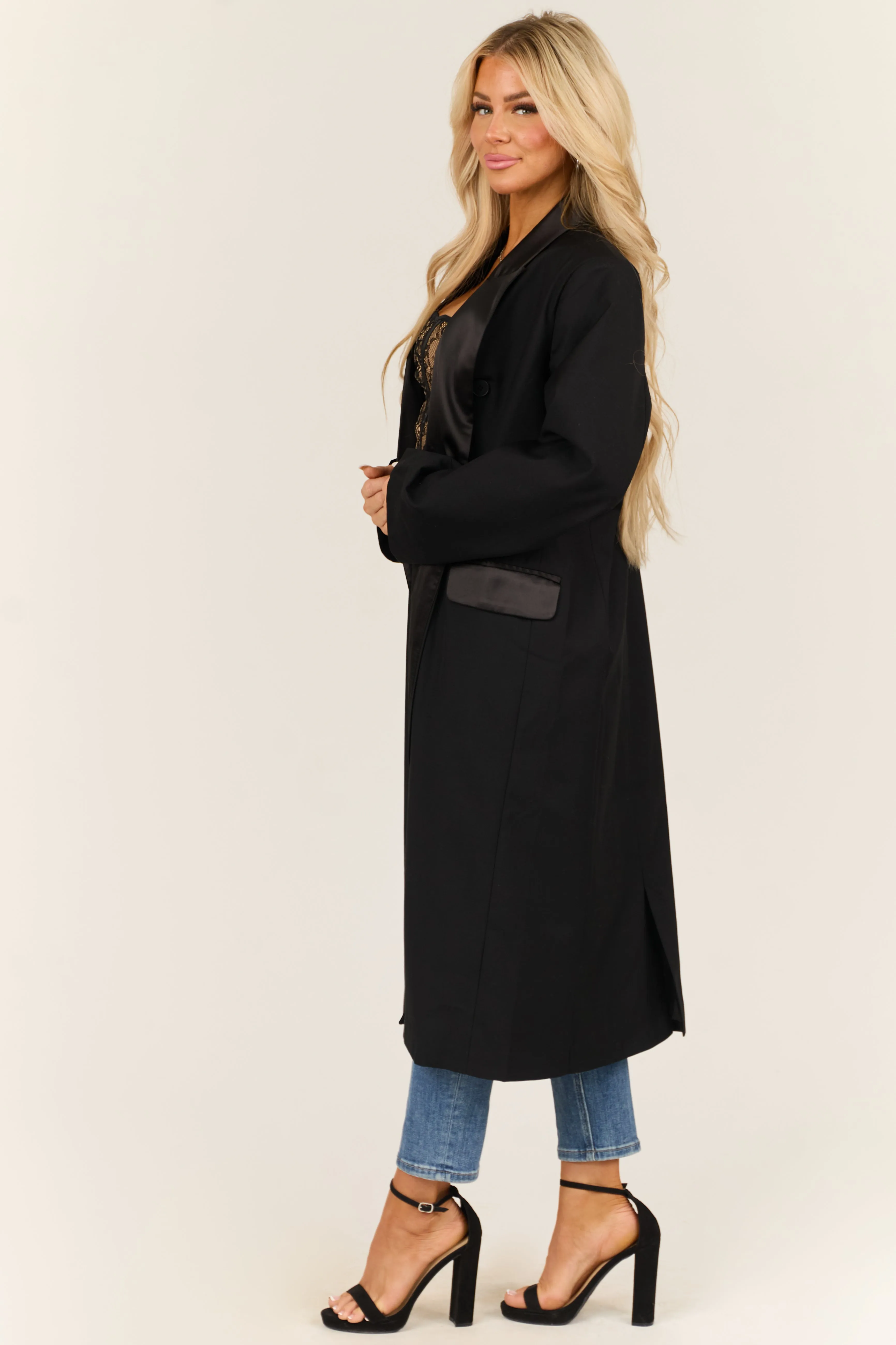 Black Double Button Satin Contrast Trench Coat