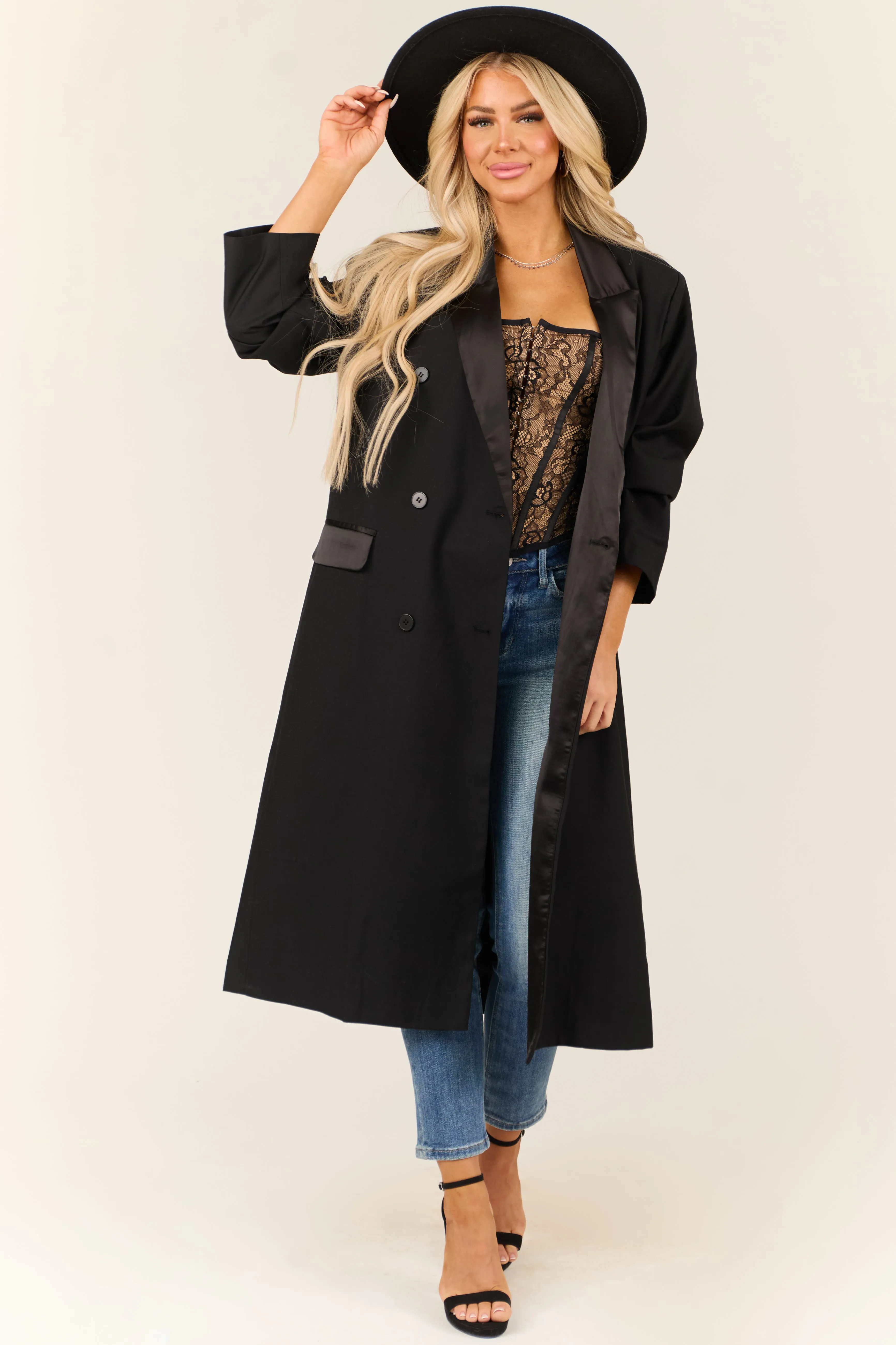 Black Double Button Satin Contrast Trench Coat