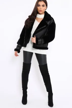 Black Faux Leather And Fur Jacket - Rhea