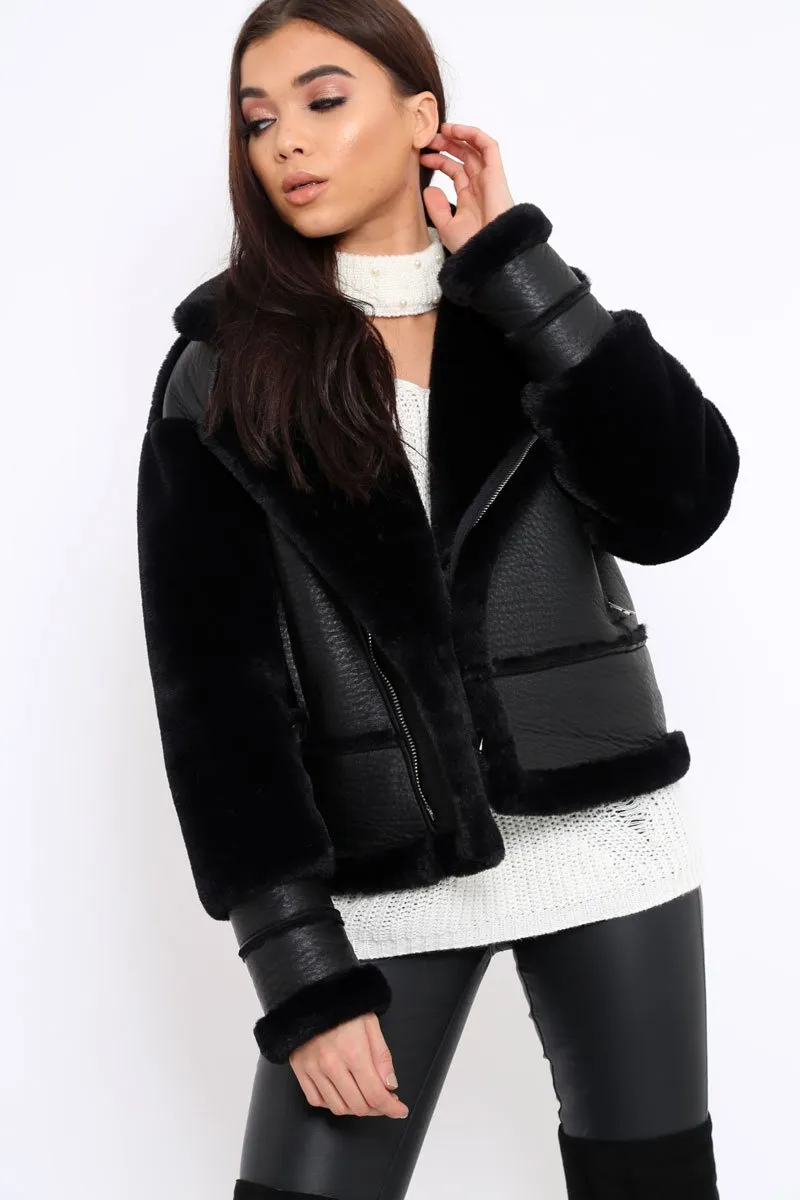 Black Faux Leather And Fur Jacket - Rhea