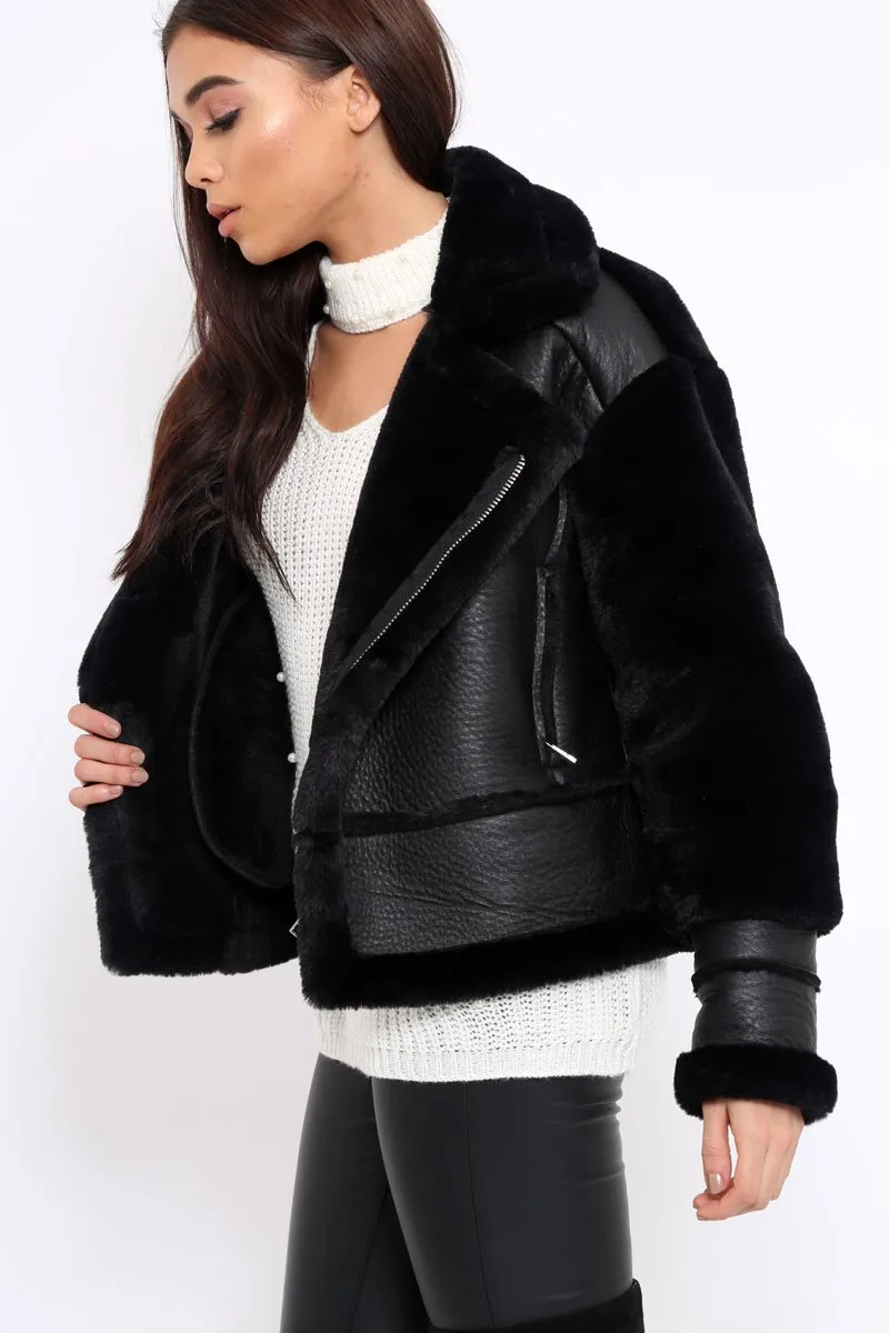 Black Faux Leather And Fur Jacket - Rhea