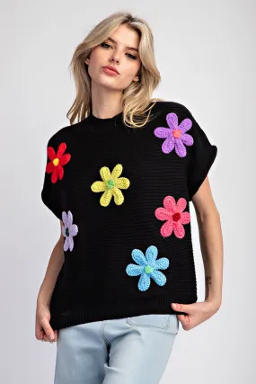 Black Flower Pattern Short Sleeve Sweater Top