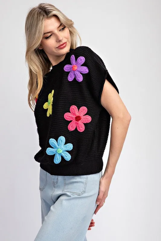 Black Flower Pattern Short Sleeve Sweater Top