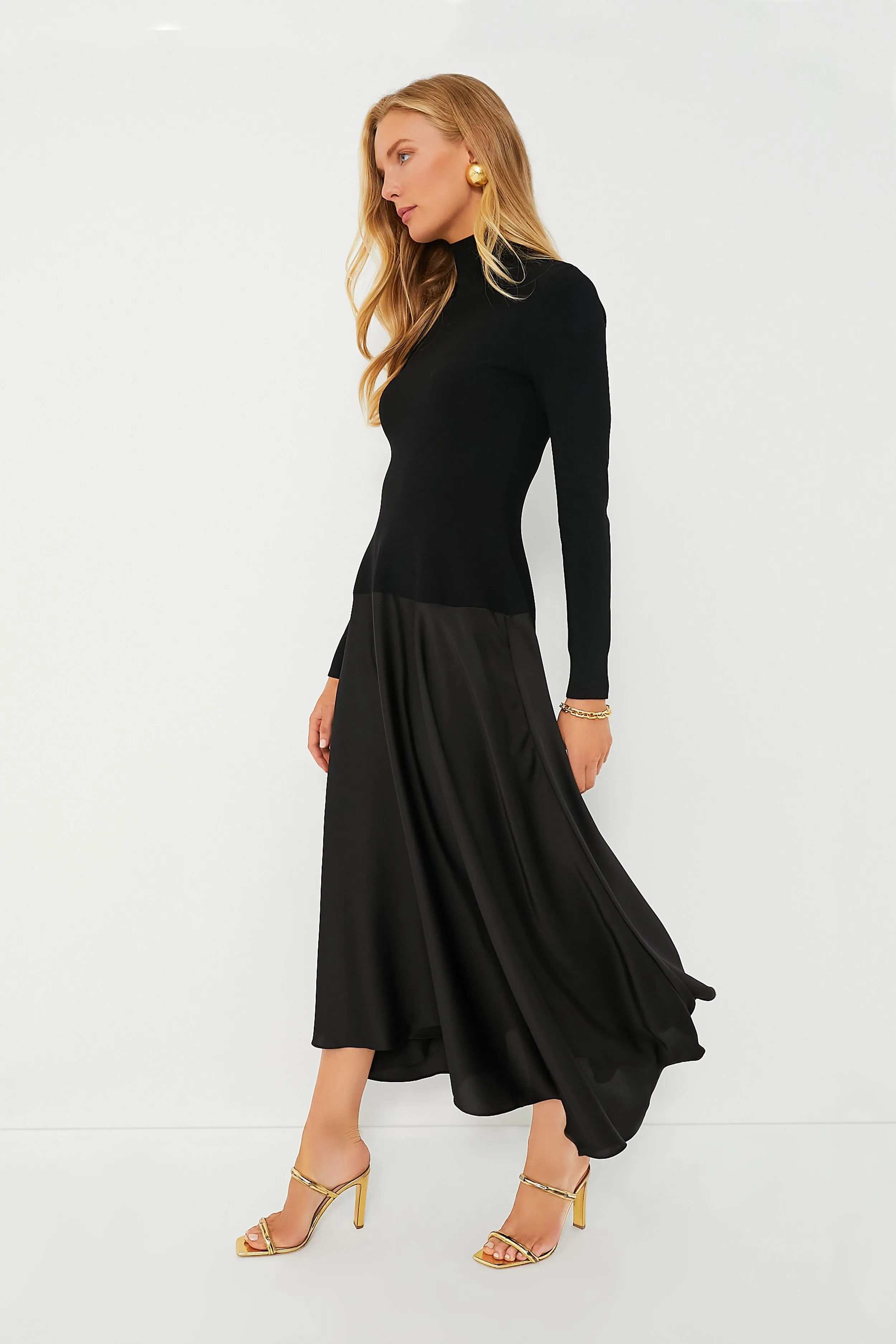 Black Frances Long Sleeve Satin Combo Midi Dress