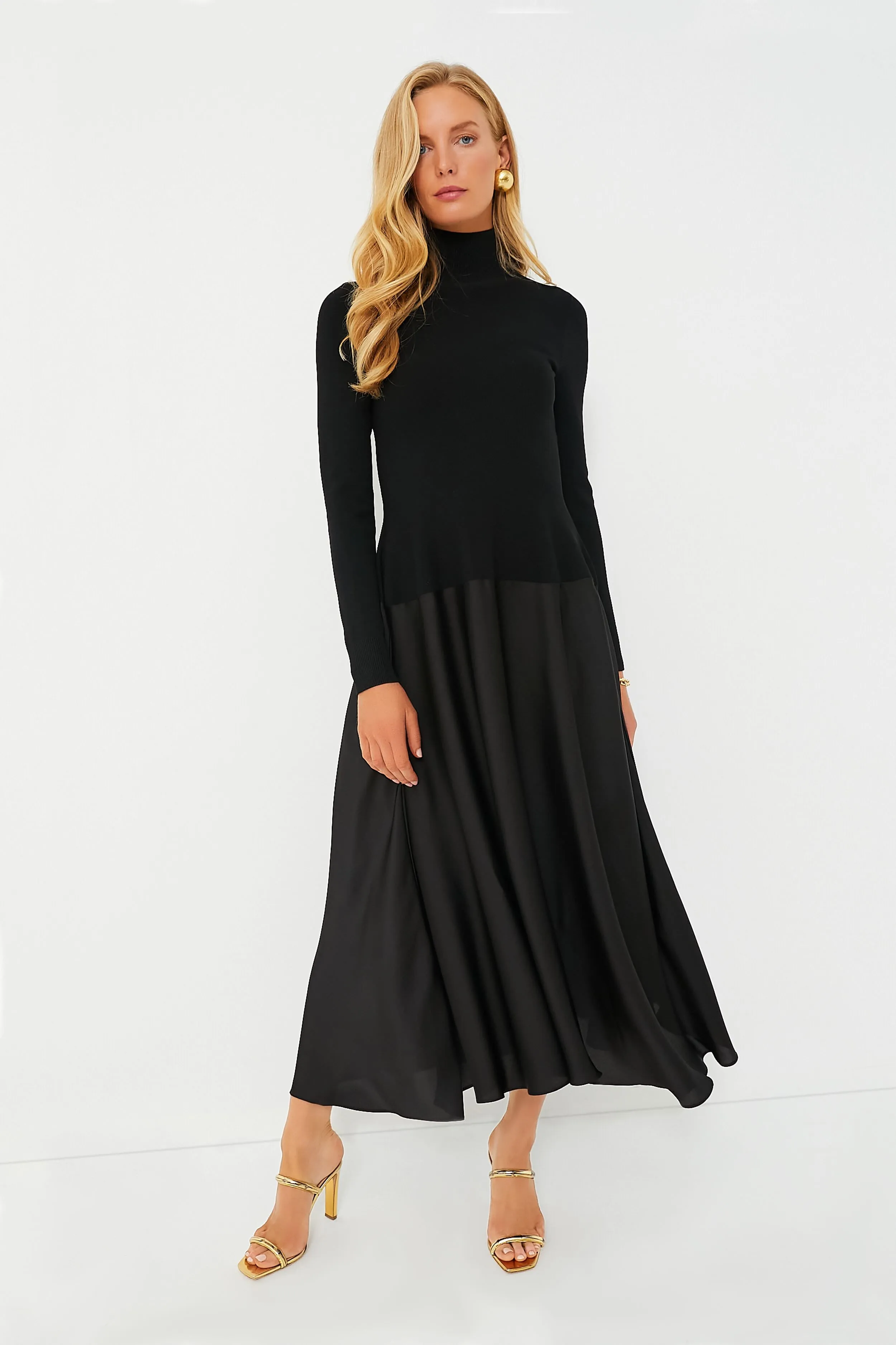 Black Frances Long Sleeve Satin Combo Midi Dress