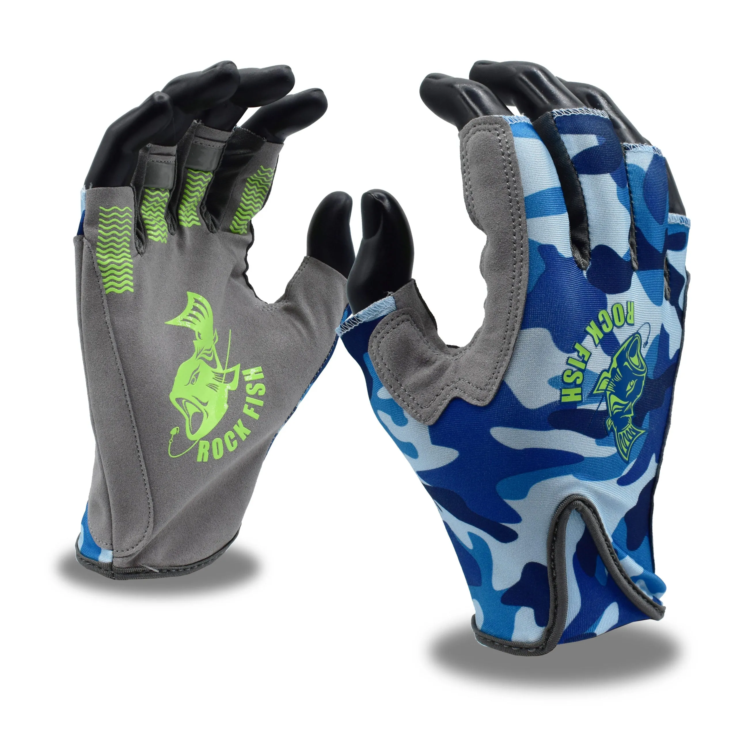 Blue Camo Fingerless Fishing Gloves