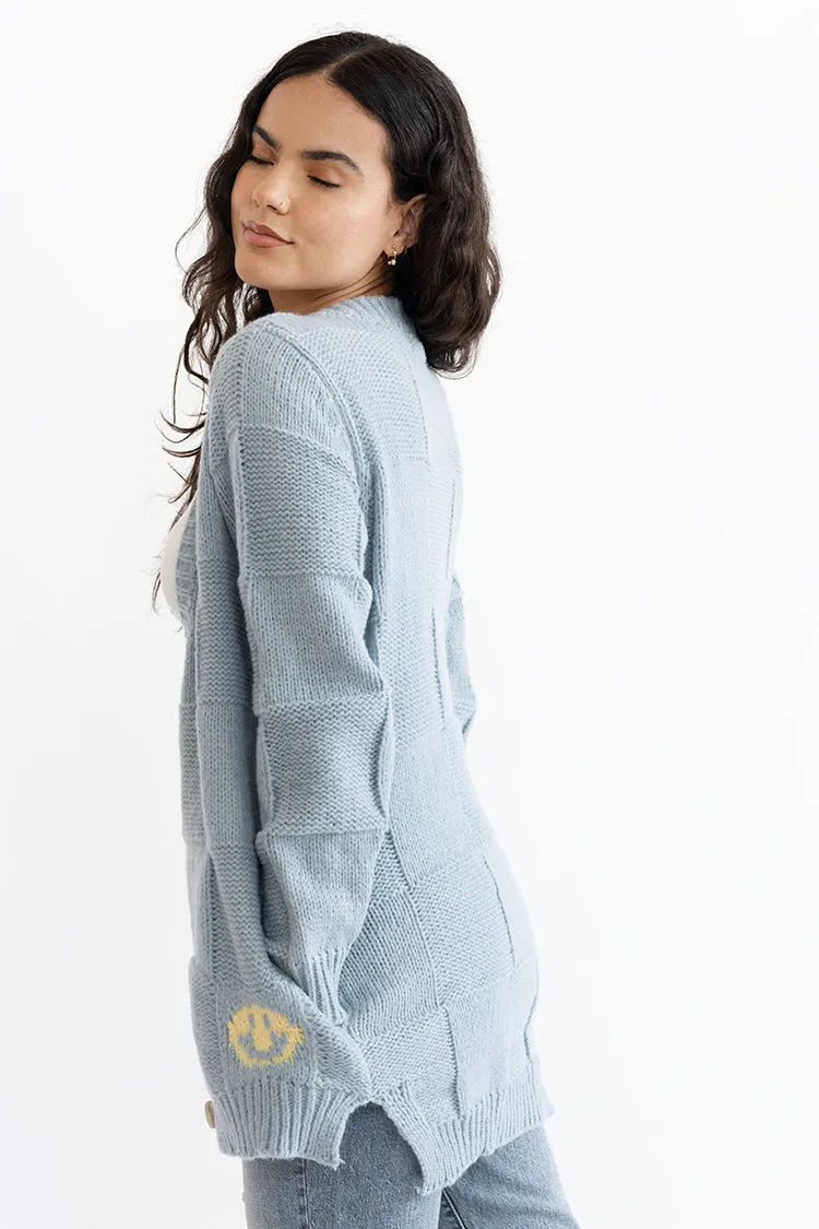 Blue Cardigan with Smiley Face