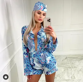 Blue Floral Print Deep V-Neck Collar Playsuit with Head Scarf