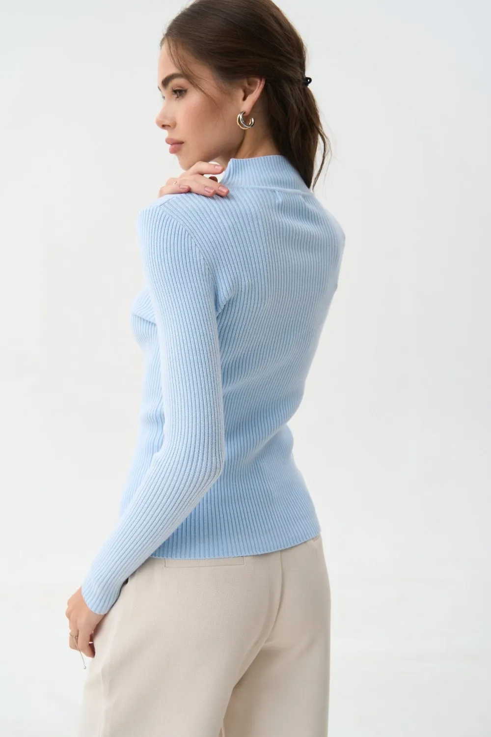 Blue Rib Knit Turtleneck Sweater