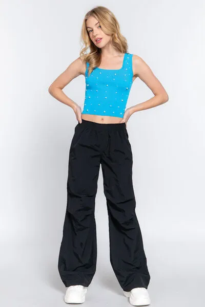 Blue Zone Planet |  ACTIVE BASIC Pearl Detail Square Neck Cropped Tank