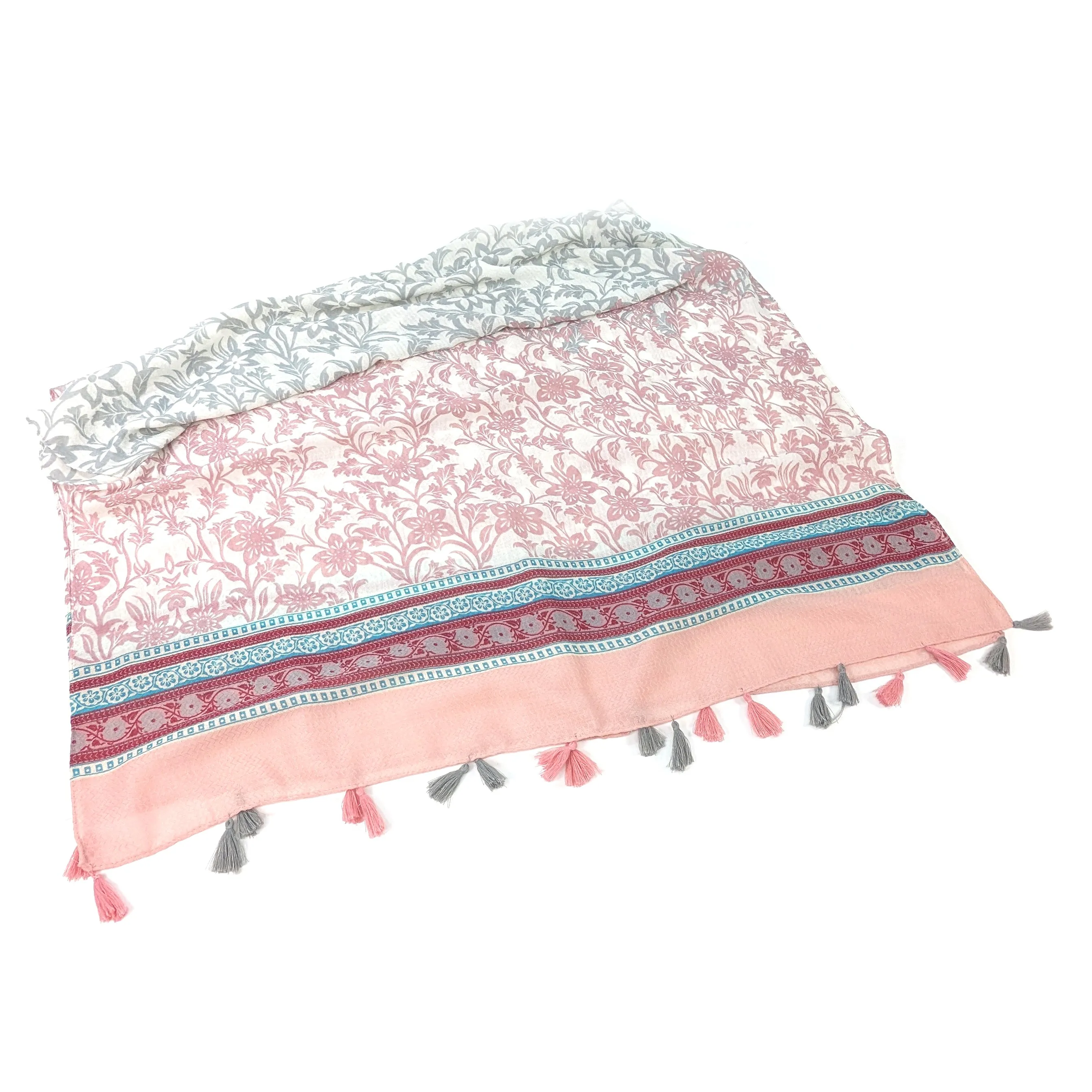 Bordered Flower Scarf - Grey/Pink (80x180cm)