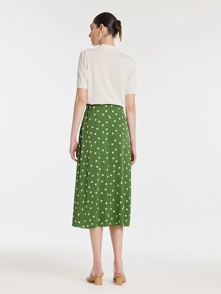 Bow Tie Neck Knit Top And Mulberry Silk Polka Dots Printed Half Skirt Two-Piece Set