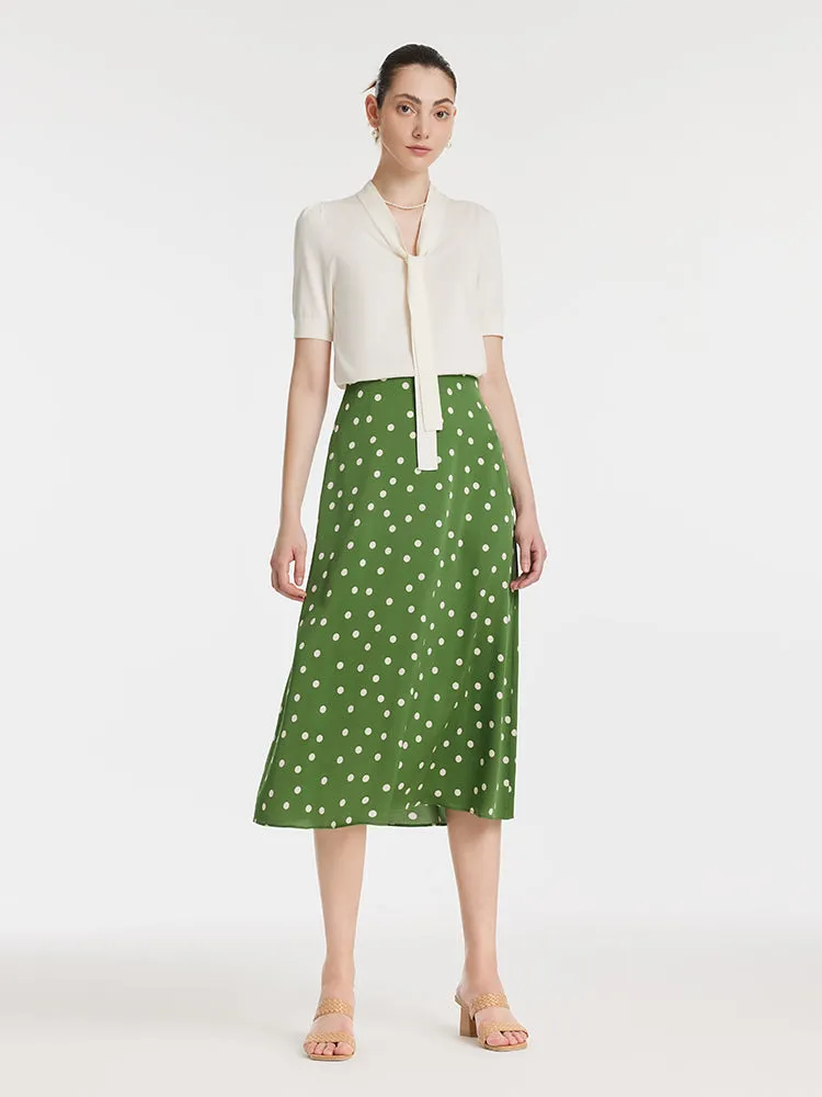 Bow Tie Neck Knit Top And Mulberry Silk Polka Dots Printed Half Skirt Two-Piece Set