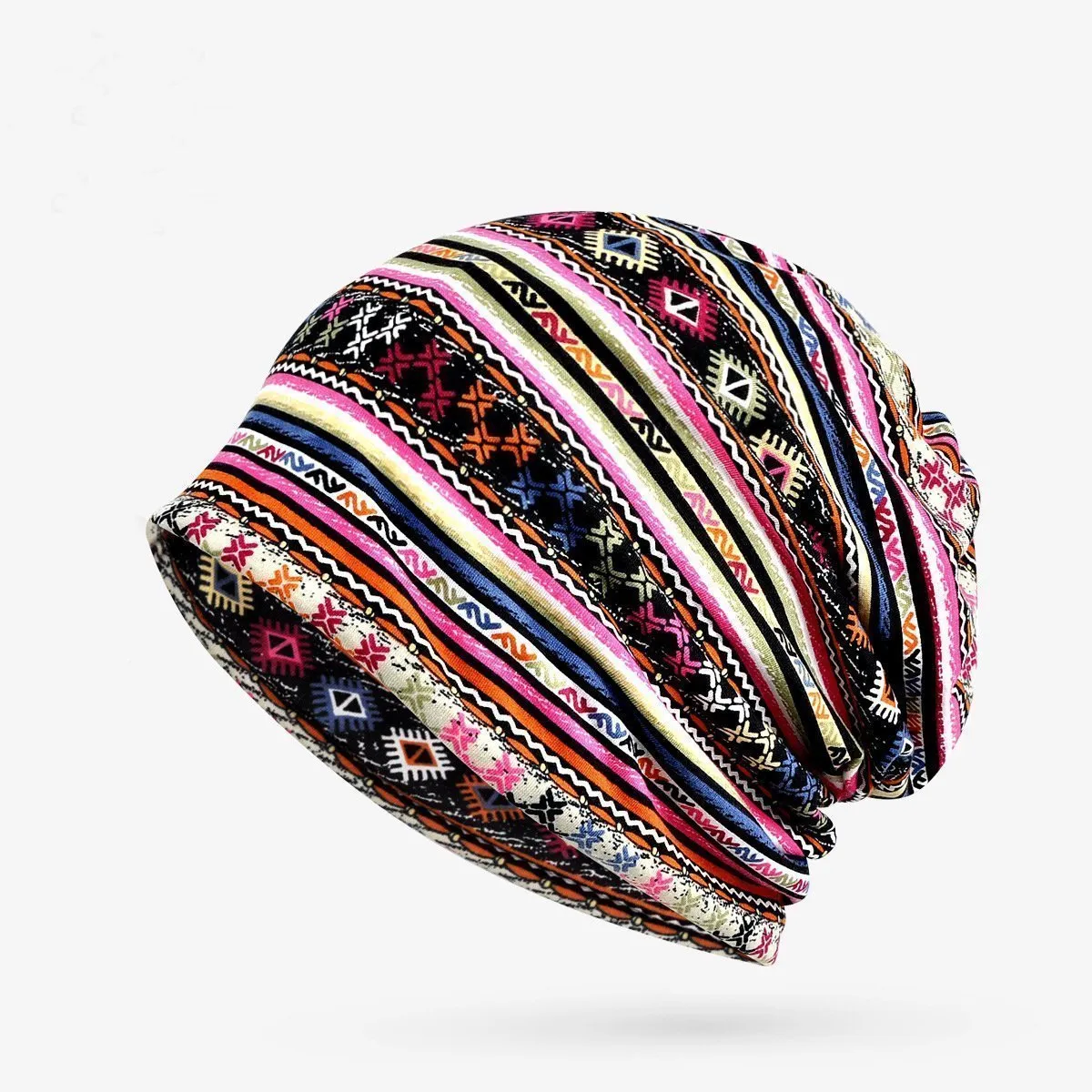 Casual Baggy Slouchy Four Seasons Cotton Geometric Pattern Adult Hat Infinity Scarf