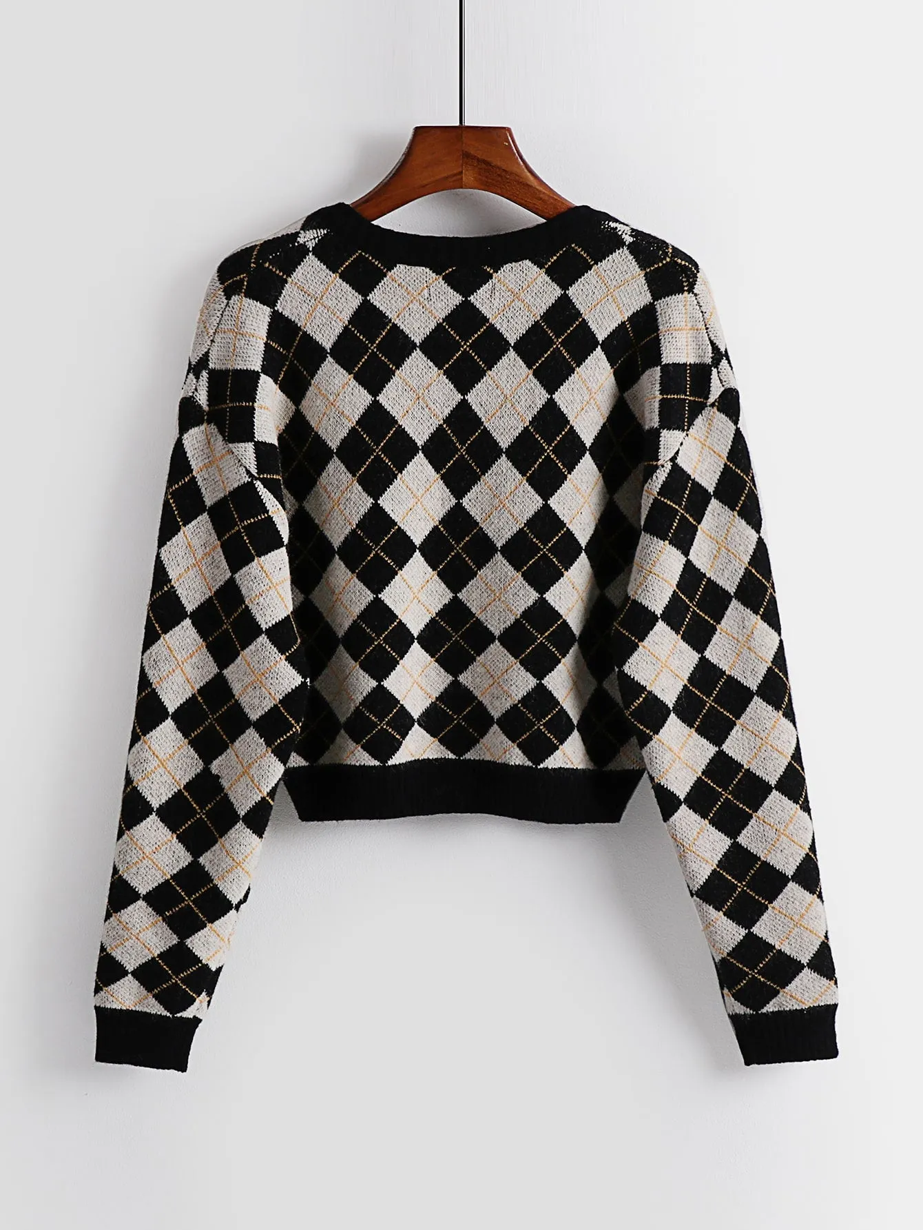 Casual Geometric Long Sleeve V Neck Crop Women Sweater