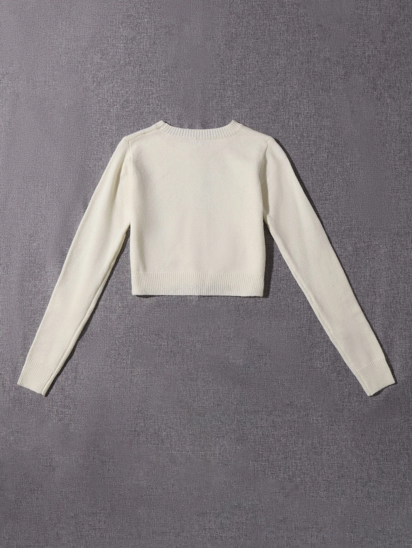 Casual Plain Rib-Knit Long Sleeve Round Neck Crop Women Sweater